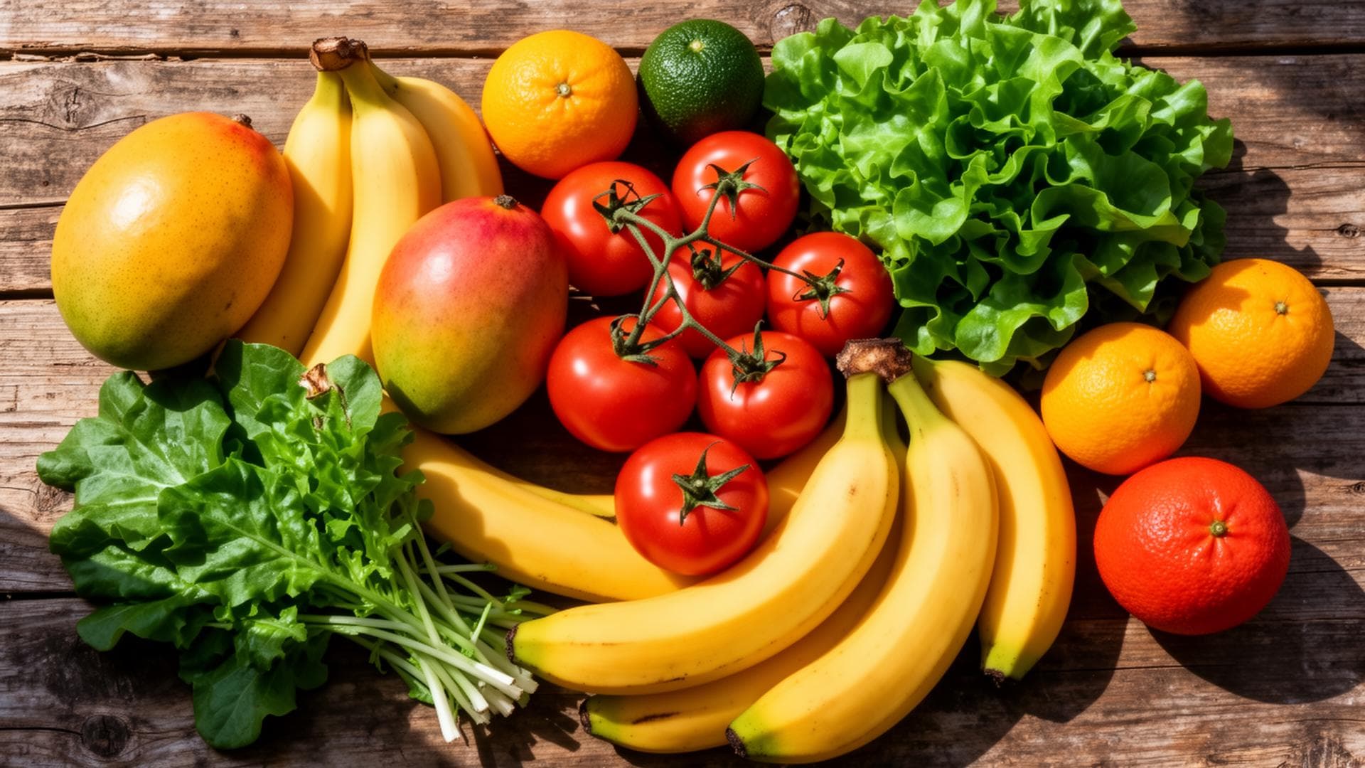 Fresh fruit and vegetables arranged on a rustic harvest table